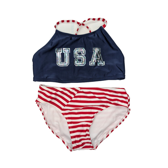 CAT & JACK USA Patriotic Bikini 2 Piece Swimsuit Girl’s Size 10 / 12 Iridescent - Picture 1 of 8
